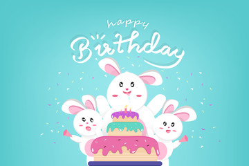 Happy Birthday and Happy Easter, cute rabbit with big cake, confetti celebrate party, Kawaii style, animals cartoon characters collection background vector