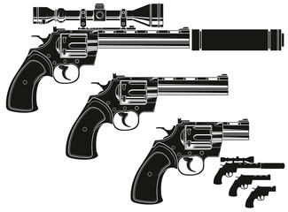 Graphic black and white detailed silhouette revolver with optical sight and silencer. Isolated on white background. Vector icon set.
