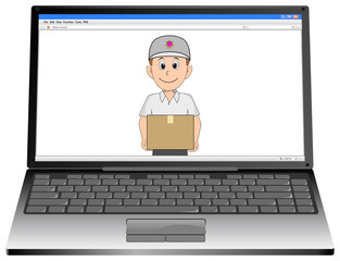 Laptop Computer with friendly Courier delivering a parcel - 3D illustration