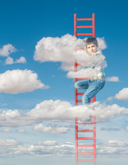 Child on Ladder in the clouds on blue sky. Abstract concept with boy on ladder and clouds