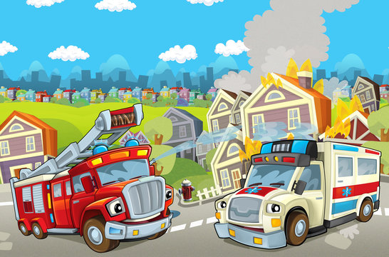 cartoon stage with different machines for firefighting and ambulance colorful and cheerful scene © honeyflavour