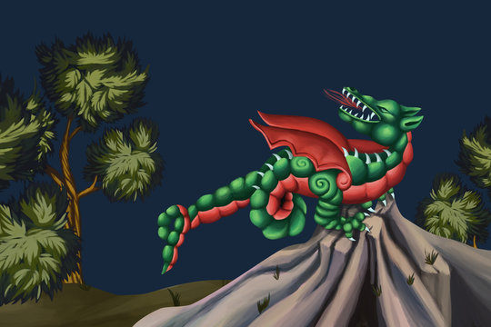 Dragon on the mountain. Illustration - fresco in Byzantine style.