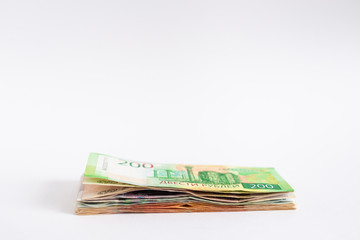 Stack of russian money, rubel banknotes on white background. Loan, mortgage, credit concept, copy space