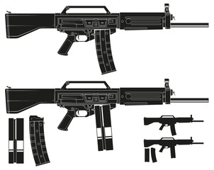 Graphic black and white detailed silhouette modern automatic galil rifle with ammo clip. Isolated on white background. Vector icon set.