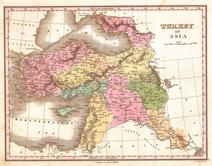 1827, Finley Map of Turkey in Asia, Iraq and Israel, Palestine, Anthony Finley mapmaker of the United States in the 19th century