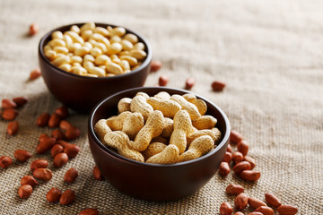 Peanuts in the shell and peeled closeup in a cup