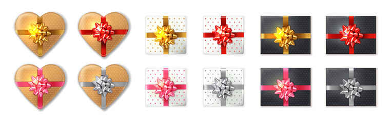 Giftbox set Vector realistic. Product placement mock up. Golden, silver, black and red boxes. Design packaging 3d illustrations