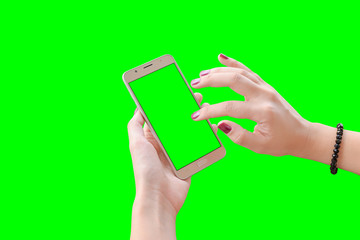 Hand touch smart phone screen. Green chroma key isolated. Woman hands.