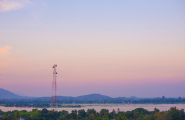 Images of communication towers in the outdoor area in the countr
