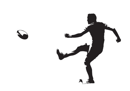 Rugby player kicking ball, side view, isolated vector silhouette