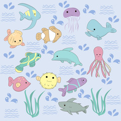 Cute set of Kawaii sea creatures. Clownfish, goldfish, angelfish, puffer fish, dolphin, shark, octopus, jellyfish, whale. For any design purposes. Vector.