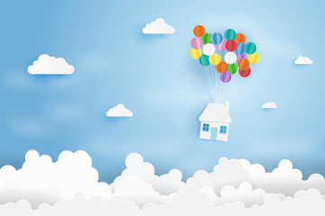 Paper art of house hanging with colorful balloon,Business concept,Paper art style.