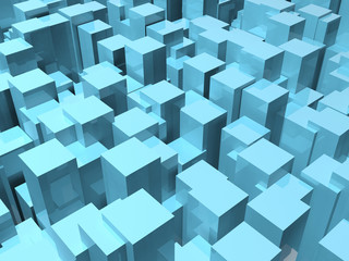 Random extruded shiny blue boxes. 3d illustration