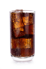 Cola in glass with ice cubes on white background