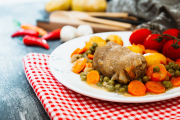 Beef meat stewed with potatoes-Traditional French cuisine Beef Bourguignon potatoes carrots in persillade
