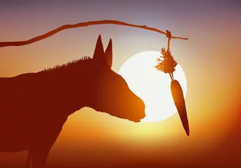 Foto auf Acrylglas Büro Konzept der Manipulation und unerreichbare Belohnung mit einem Esel, der ermutigt wird, mit einer Karotte voranzukommen