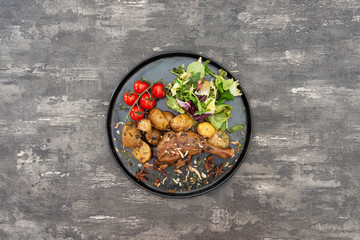 Dish made with cooked duck meat, dehydrated potato, fresh cream of mushroom and cheese