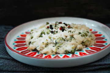 Risotto with broccoli, peas and lips