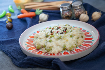 Risotto with broccoli, peas and lips
