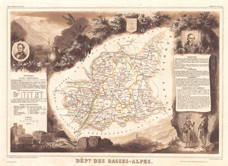 1852, Levasseur Map of the Department Basses-Alpes, France, Coteaux and Collines Rhodaniennes Region