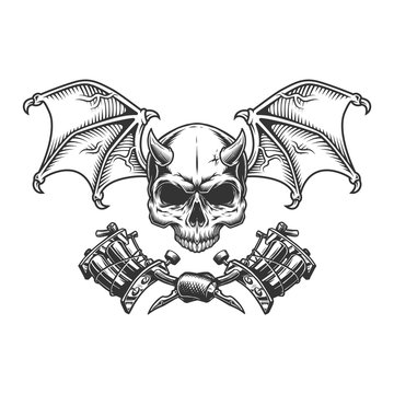 Vintage monochrome demon skull with wings