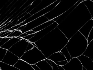 Cracked glass texture on black background. Isolated realistic cracked glass effect.
