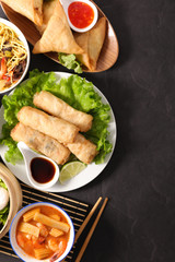spring roll, noodle soup and asia food