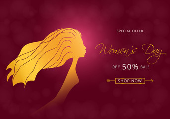 Fashion woman silhouette with long hair.  Sale shop banner with offer on pink background.