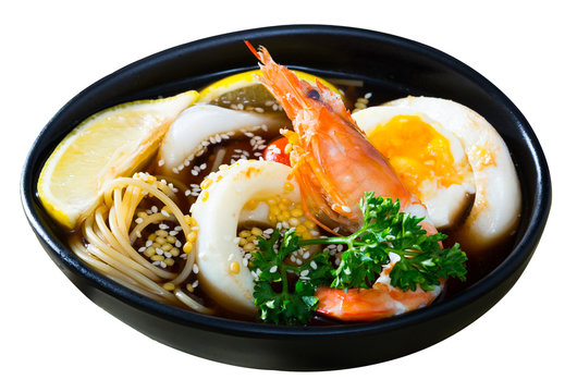Spicy pan-Asian soup boiled with squid, shrimp, egg noodles