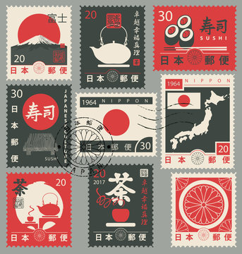 Set of vector postage stamps on the theme of Japanese culture in retro style. Hieroglyph Japan Post, Sushi, Tea, Perfection, Happiness, Truth