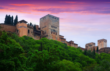 Fototapeta na wymiar Towers of Alcazaba at Alhambra in dawn time. Granada