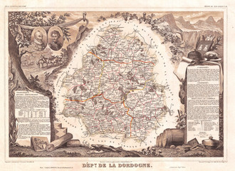 1852, Levasseur Map of the Department de La Dordogne, France, Monbazillac Wine Region