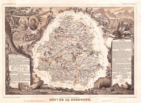 1852, Levasseur Map Of The Department De La Dordogne, France, Monbazillac Wine Region