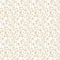 Seamless gold floral damask pattern. Wallpaper in the style of Baroque. Vector background. Gold and white texture. Floral ornament.