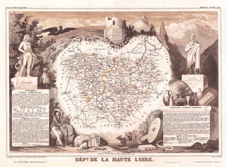 1852, Levasseur Map of the Department De La Haute Loire, France, Loire Valley Region