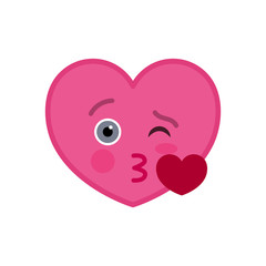 Kissing heart shaped funny emoticon icon. Sweetheart pink emoji symbol. Social communication and online chatting vector element. Enamored face showing facial emotion. Valentine's day mascot.