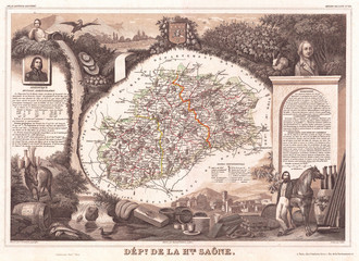 1852, Levasseur Map of the Department De La Haute Saone, France, Burgundy or Bourgogne Wine Region
