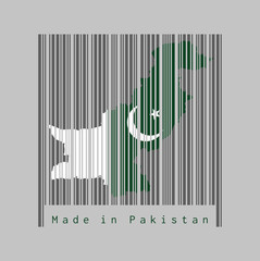 Barcode set the shape to Pakistan map outline and the color of Pakistan flag on dark grey barcode with grey background.