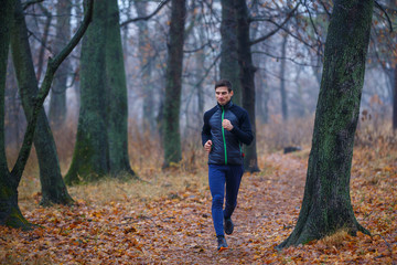 Fototapeta premium Young man jogging in autumn park in the morning