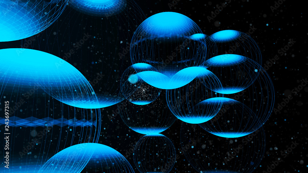 Poster flying panoramic spheres in outer space. abstract background with 3d dynamic spheres. graphic concep