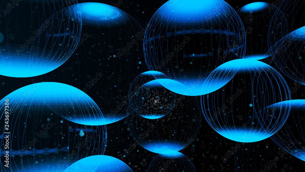 Poster flying panoramic spheres in outer space. abstract background with 3d dynamic spheres. graphic concep