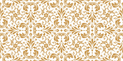Floral pattern. Vintage wallpaper in the Baroque style. Seamless vector background. White and gold ornament for fabric, wallpaper, packaging. Ornate Damask flower ornament