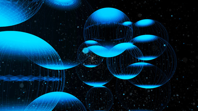 Flying panoramic spheres in outer space. Abstract background with 3d dynamic spheres. Graphic concept for your design. 3D rendering