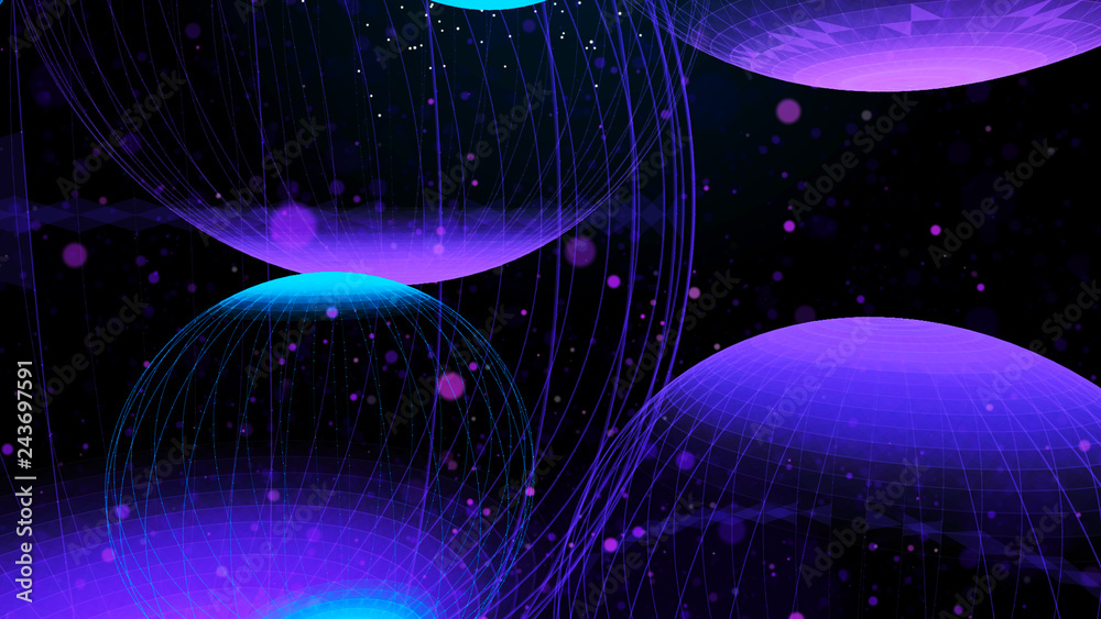 Poster flying panoramic spheres in outer space. abstract background with 3d dynamic spheres. graphic concep