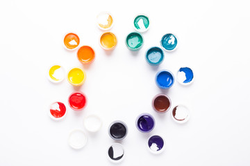 Multicolored gouache on a white background Isolated Top view Copy space Circle shape