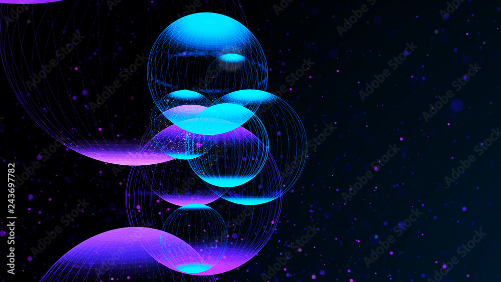 Poster flying panoramic spheres in outer space. abstract background with 3d dynamic spheres. graphic concep