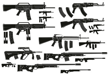 Graphic black and white detailed silhouette modern automatic assault and sniper rifles with ammo clip. Isolated on white background. Vector icon set. - obrazy, fototapety, plakaty