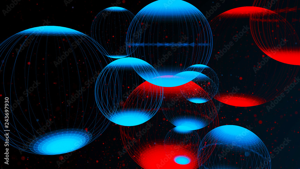Poster flying panoramic spheres in outer space. abstract background with 3d dynamic spheres. graphic concep