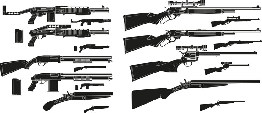 Graphic black and white detailed silhouette modern and retro shotguns and rifles with ammo clip. Isolated on white background. Vector icon set.