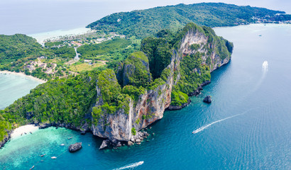 landscape aerial top view phi phi island kra bi Thailand hi season - obrazy, fototapety, plakaty